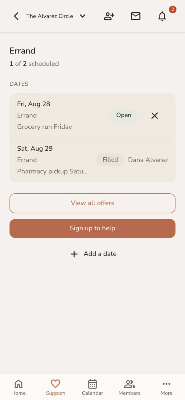 A care need called Errand, showing one open dated slot for a grocery run and one filled slot for a pharmacy pickup with the helper named.