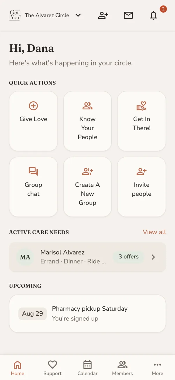 The Got You home screen, showing a care group with quick actions, an active care need with three offers, and an upcoming pharmacy pickup the member has signed up for.