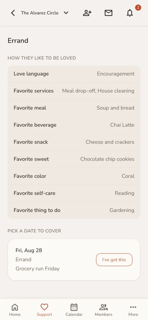 A sign-up screen listing how the care recipient likes to be loved — love language, favorite meal, favorite drink — above an open slot with an 'I've got this' button.
